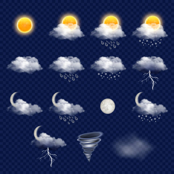 illustrazioni stock, clip art, cartoni animati e icone di tendenza di set di icone delle previsioni meteo trasparenti, illustrazione vettoriale realistica - rain tornado overcast storm