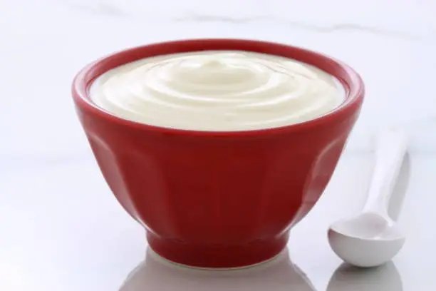 Delicious, nutritious and healthy fresh plain yogurt on vintage italian carrara marble setting.