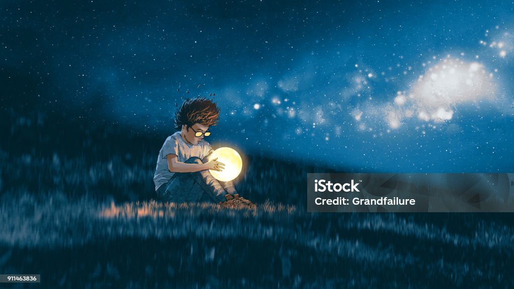 boy with a little moon in his hands night scene showing young boy with a little moon in his hands sitting on meadow, digital art style, illustration painting Fantasy stock illustration