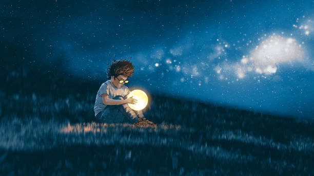boy with a little moon in his hands night scene showing young boy with a little moon in his hands sitting on meadow, digital art style, illustration painting painting activity illustrations stock illustrations
