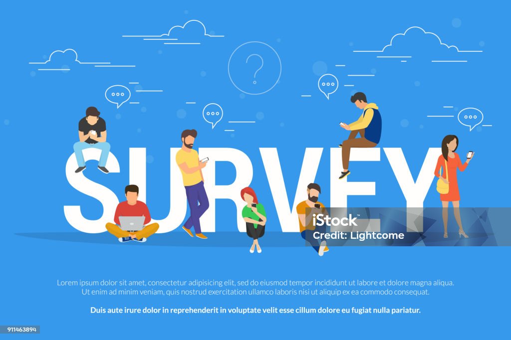 Online survey concept vector illustration of people fulfilling checklist Online survey concept vector illustration of people using laptop and smartphone mobile app for fulfilling checklist or leaving a feedback for online service. Flat guys and young women near big letters Questionnaire stock vector