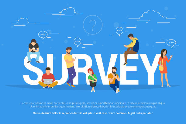 Online survey concept vector illustration of people fulfilling checklist Online survey concept vector illustration of people using laptop and smartphone mobile app for fulfilling checklist or leaving a feedback for online service. Flat guys and young women near big letters online survey icon stock illustrations