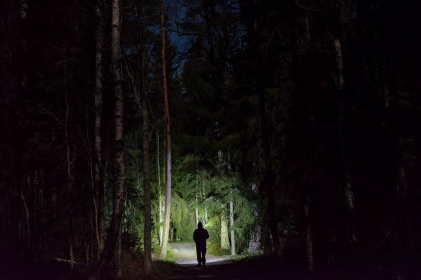 istock Man standing in dark forest at night with flashlight and hoodie on head 911469328