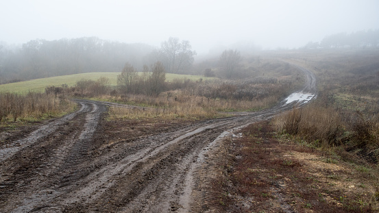 Dirty rural road in black earth in mist landscape panorama