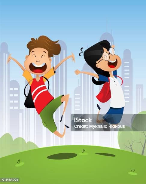 Two Happy Cartoon Pupils Boy And Girl Stock Illustration - Download Image Now - Activity, Adventure, Art