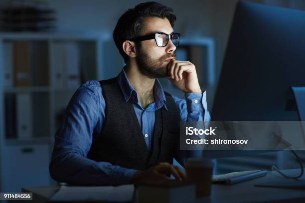 Man Working At Night Stock Photo - Download Image Now - Night, Computer, Office