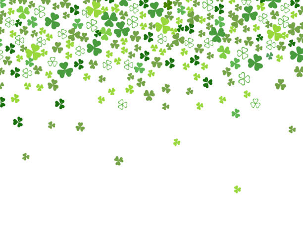 Green flat clover shamrock leaves isolated on white background border Green flat clover shamrock leaves isolated on white background. Abstract St. Patrick's day background for your greeting cards design or website. Vector illustration month of march stock illustrations