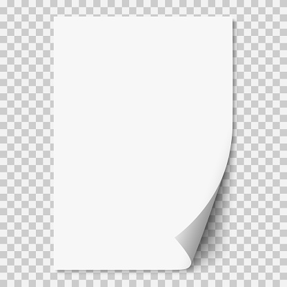 Vector white realistic paper page with curled corner. Paper sheet folded with soft shadows on light transparent background. A4 page mock up. 3d illustration. Template for your design.