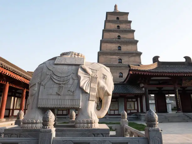 White Marble Elephant with Big Goose Pagoda in the Background, Da Cien Temple, Xi'an, China
