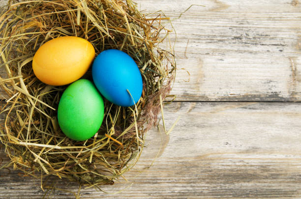 istock Easter eggs on a wooden background .Easter eggs of different colors .Easter eggs top view 911497406