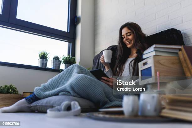 Beautiful Young Smiling Woman Reading Ebook Reader At Home Stock Photo - Download Image Now