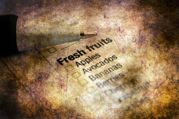 istock Grocery list - fresh fruits grunge concept 911503792