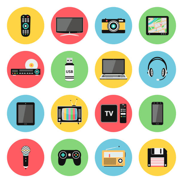 ilustrações de stock, clip art, desenhos animados e ícones de electronic devices, technology gadgets icons - video game pc sign portable information device