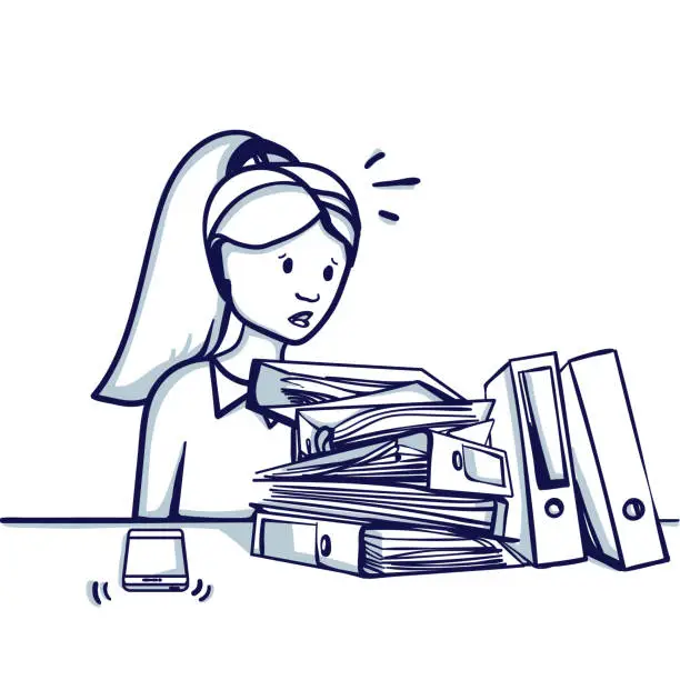Vector illustration of Young business woman sitting at the table before a large number of folders, she is busy, does not have time to do the work.