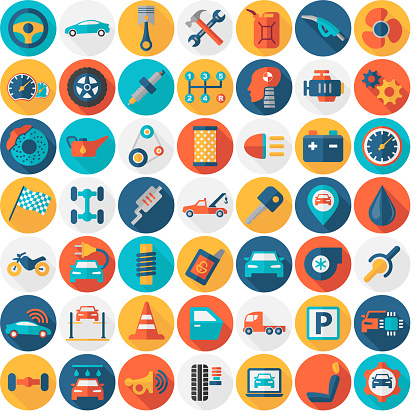 Car Service Garage Parts Transport Isolated Icons - Flat Round Color Vector Illustration