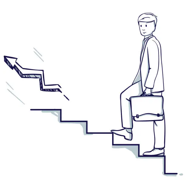 Vector illustration of Young business man go up the stairs.