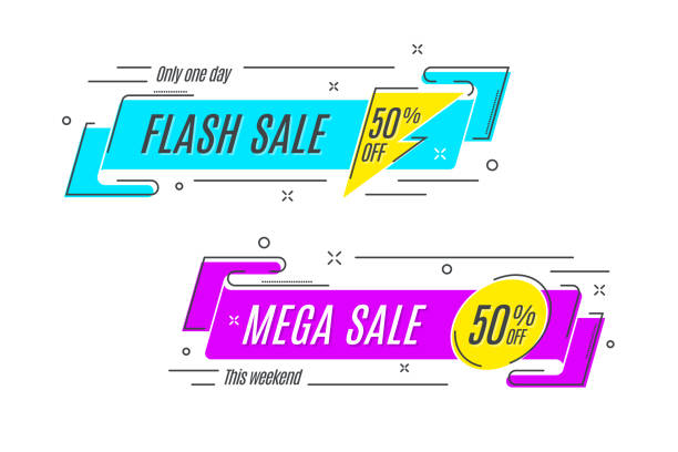 плоский линейный рекламный ленточный баннер, свиток, ценник, наклейка, - web banner flash stock illustrations