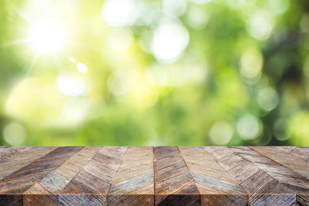 istock Empty old grunge wood plank table top with blur green tree in park bokeh sunlight,Mock up for display or montage of product,Banner or header for advertise on social media,Spring background. 911536188