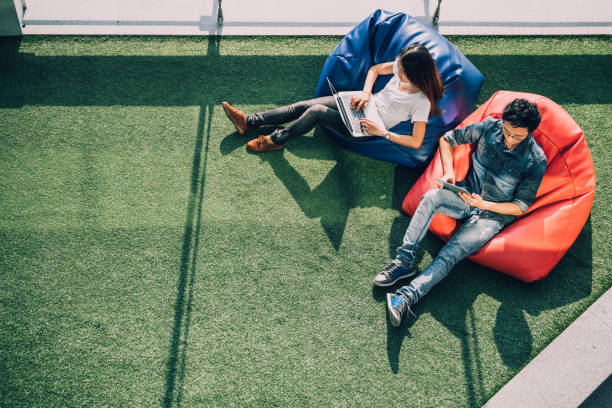 Young Asian couple using laptop notebook and digital tablet together in modern public park, sit on bean bag, top view with copy space on grass. Information technology gadget or casual business concept