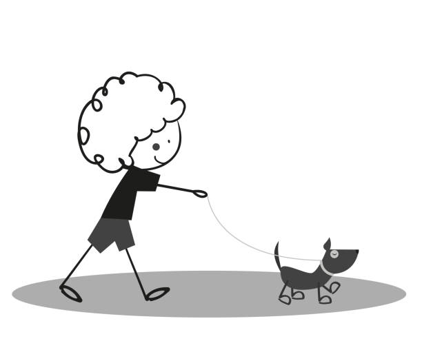doodle kleinen niedlichen jungen wandern mit hund - dog walking child little boys stock-grafiken, -clipart, -cartoons und -symbole