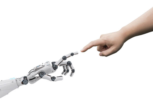 robot si connettono all'uomo - human finger human hand pointing isolated foto e immagini stock