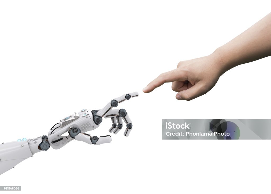robot connect to human connection concept with human finger connect to 3d rendering robot finger Robot Stock Photo