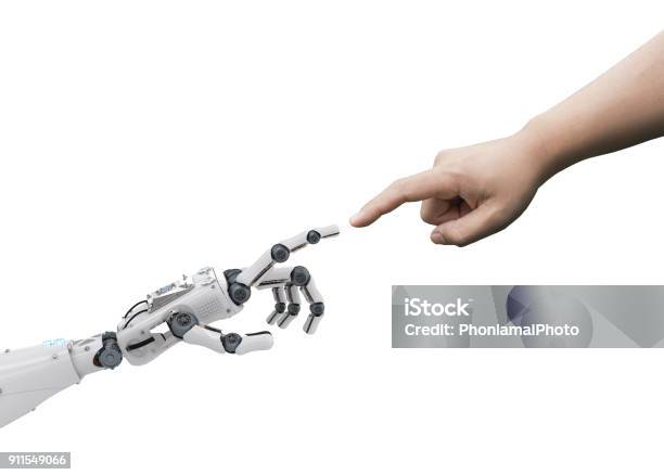 Robot Connect To Human Stock Photo - Download Image Now - Robot, Hand, People