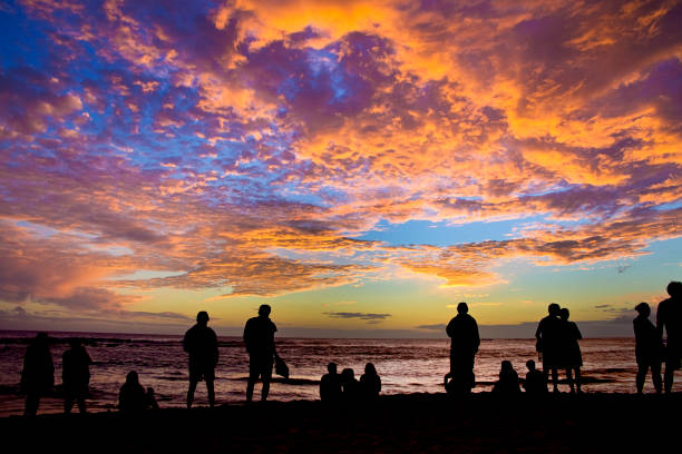 Colorful sunset at the south side of the island , the Poipu Beach of Kauai in Hawaii, USA.