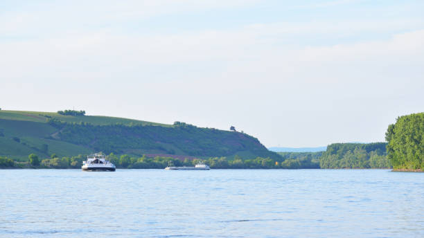 istock Barge sailing on Rhine river past green hills with vineyards 911553050