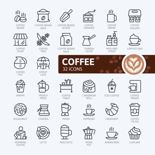 ilustrações, clipart, desenhos animados e ícones de casa de café - coleção de ícones de contorno - coffee coffee bean espresso cup