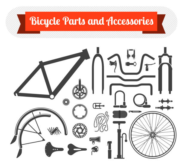 Bicycle parts and accessories Black icons set of bicycle parts and accessories on white background. Vector isolated illustration brake stock illustrations