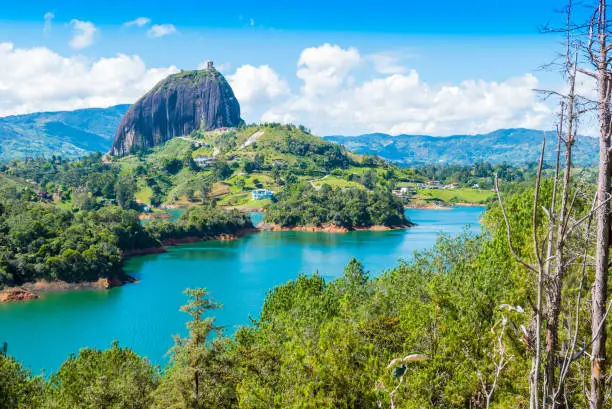 panoramic view of Penol lake and the famous homonym stone Guatape Colombia