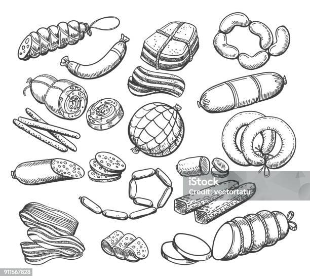 Croquis De Saucisses Ensemble Vecteurs libres de droits et plus d'images vectorielles de Saucisse - Saucisse, Charcuterie-traiteur, Illustration