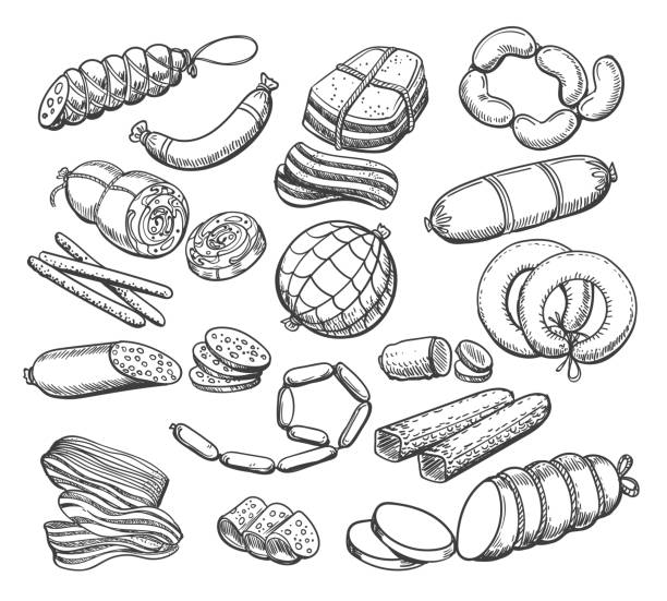 Sausages sketch set Sausages sketch. Vintage sausage and meat food vector doodles, ham and salami, pepperoni and wieners hand drawn vector illustration butcher illustrations stock illustrations