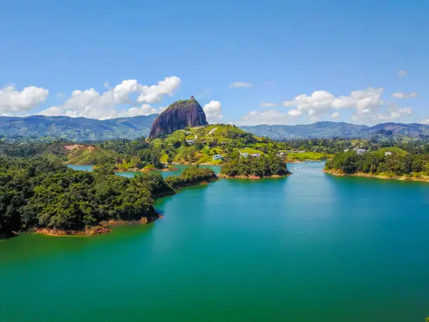 aerial panoramic view of Penol lake and the famous homonym stone Guatape Colombia