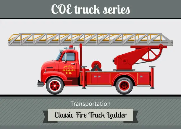 Vector illustration of Classic COE fire truck ladder side view