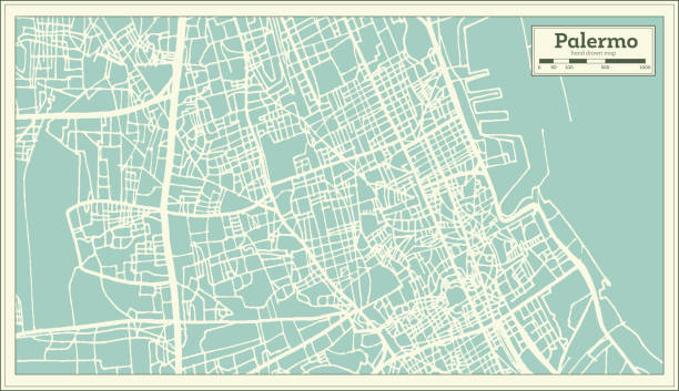 illustrations, cliparts, dessins animés et icônes de carte de palerme italie ville dans un style rétro. carte muette. - italy map sicily cartography