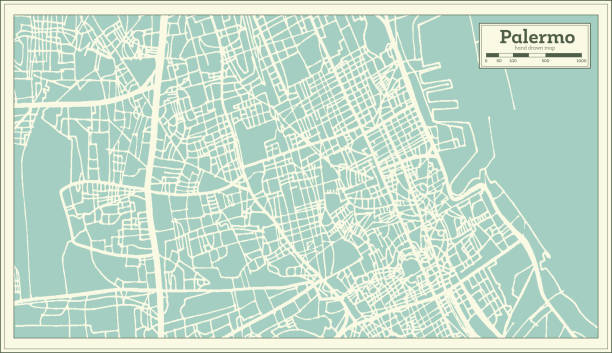レトロなスタイルでパレルモ イタリア都市マップ。概要地図。 - italy map sicily cartography点のイラスト素材／クリップアート素材／マンガ素材／アイコン素材