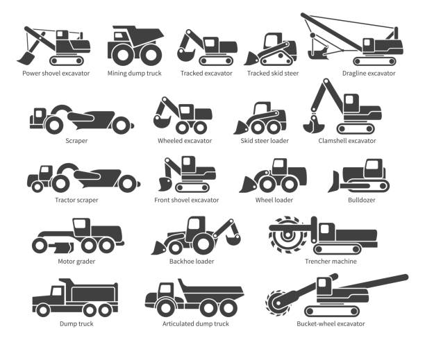 ilustrações de stock, clip art, desenhos animados e ícones de construction machinery vector icons set - mining