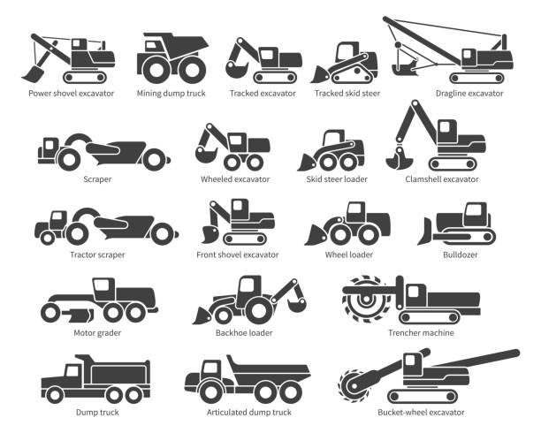 Construction machinery vector icons set Construction machinery icons set. Each icon with text label description. Earth mover machine types. Vector silhouette on white background road scraper stock illustrations