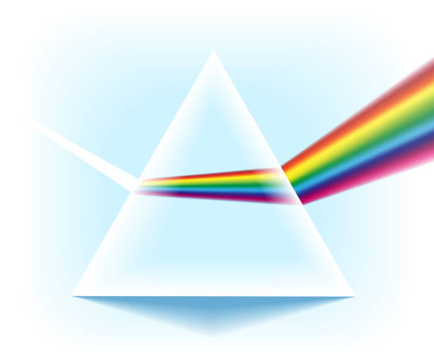 Spectrum prism with light dispersion effect Spectrum prism. Glass triangular pyramid with optical light dispersion effect isolated on white background, vector illustration dispersion stock illustrations