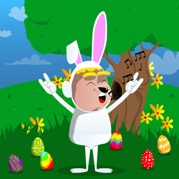 ilustraciones, imágenes clip art, dibujos animados e iconos de stock de niño disfrazado de conejo de pascua con las manos en pose de rockero. - easter rabbit baby rabbit mascot