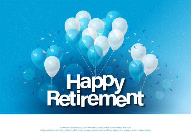 happy retirement greeting card lettering template with balloon and confetti. Design for invitation card, banner, web, header and flyer. vector illustrator happy retirement greeting card lettering template with balloon and confetti. Design for invitation card, banner, web, header and flyer. vector illustrator retirement stock illustrations