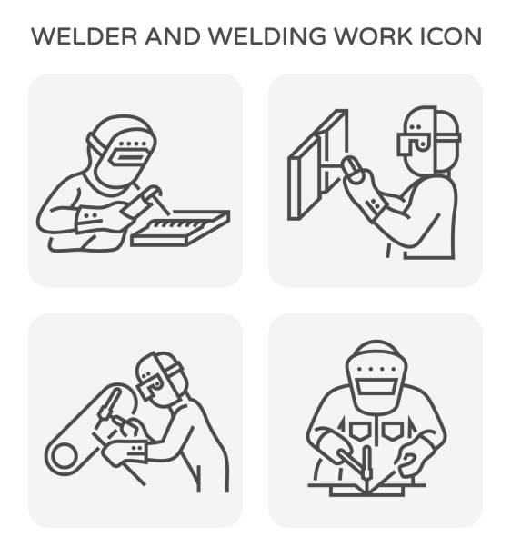 welder welding icon Welder and welding work icon set. person oxygen tank stock illustrations