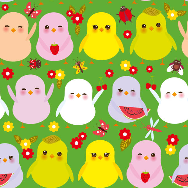 ilustrações de stock, clip art, desenhos animados e ícones de seamless pattern. kawaii colorful blue green orange pink yellow chick with pink cheeks and winking eyes, pastel colors on green background. vector - color image colored background easter animal body part