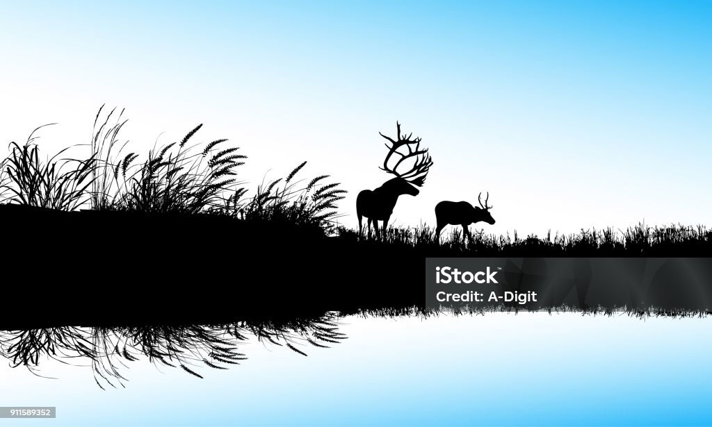 The Waters Edge Elk and deer by the odge of a pong with blue colored water Pond stock vector