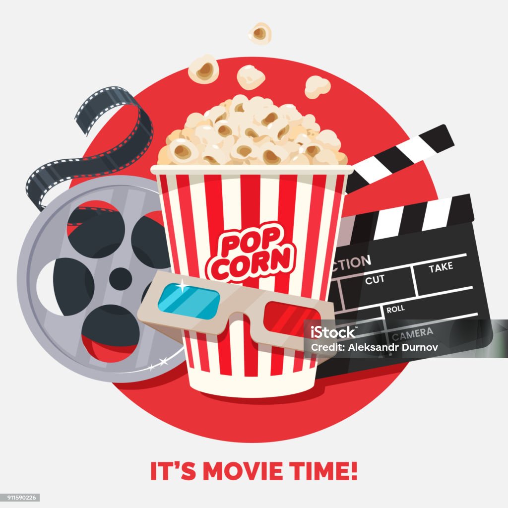 Movie time vector illustration. Cinema poster concept on red round background. Composition with popcorn, clapperboard, 3d glasses and filmstrip. Cinema banner design for movie theater. Movie stock vector
