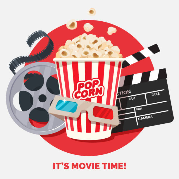 Movie time vector illustration. Cinema poster concept on red round background. Composition with popcorn, clapperboard, 3d glasses and filmstrip. Cinema banner design for movie theater. Movie time vector illustration. Cinema poster concept on red round background. Composition with popcorn, clapperboard, 3d glasses and filmstrip. Cinema banner design for movie theater. film industry stock illustrations