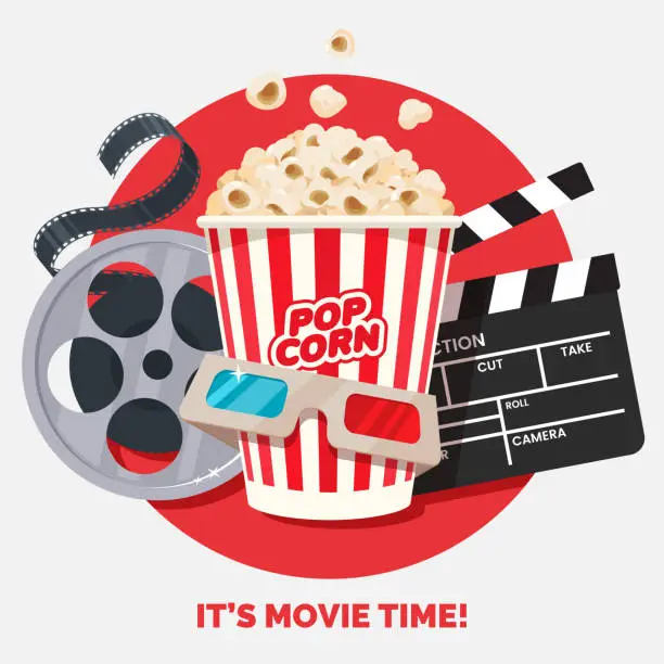 Vector illustration of Movie time vector illustration. Cinema poster concept on red round background. Composition with popcorn, clapperboard, 3d glasses and filmstrip. Cinema banner design for movie theater.