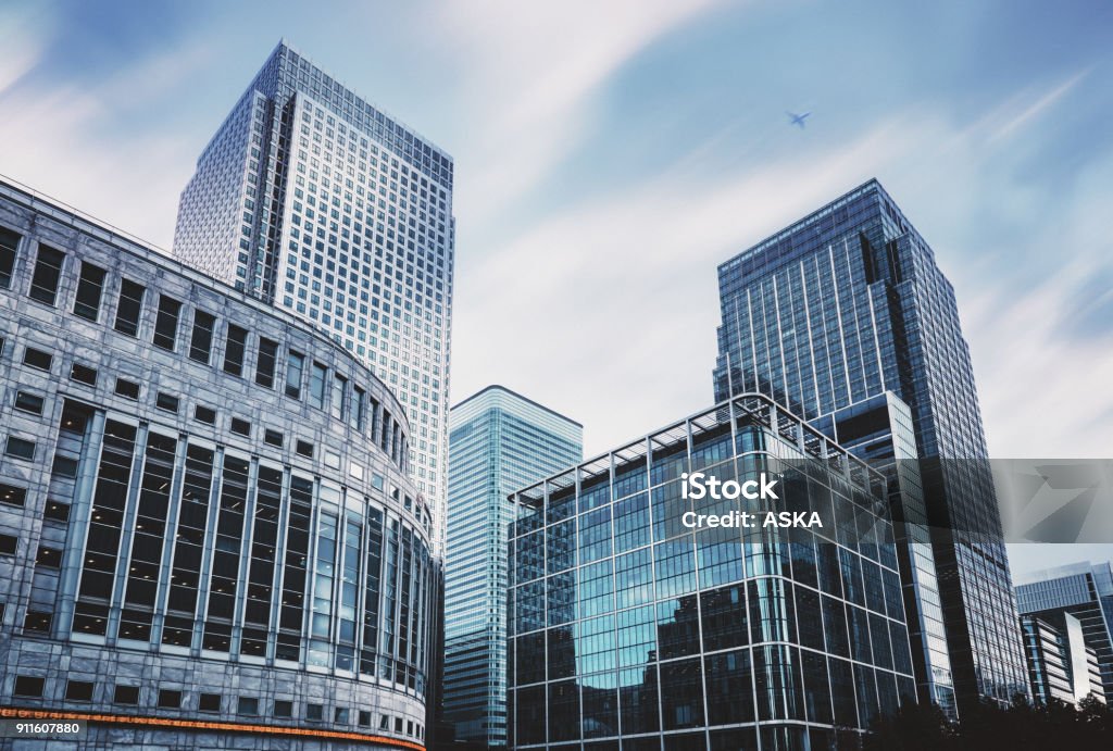 Business Towers office buildings at Canary Wharf, London Building Exterior Stock Photo